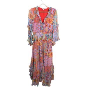 Mahila x Tolani Citrus Maxi Dress Small Multicolor Ruffle Patchwork Floral Asym